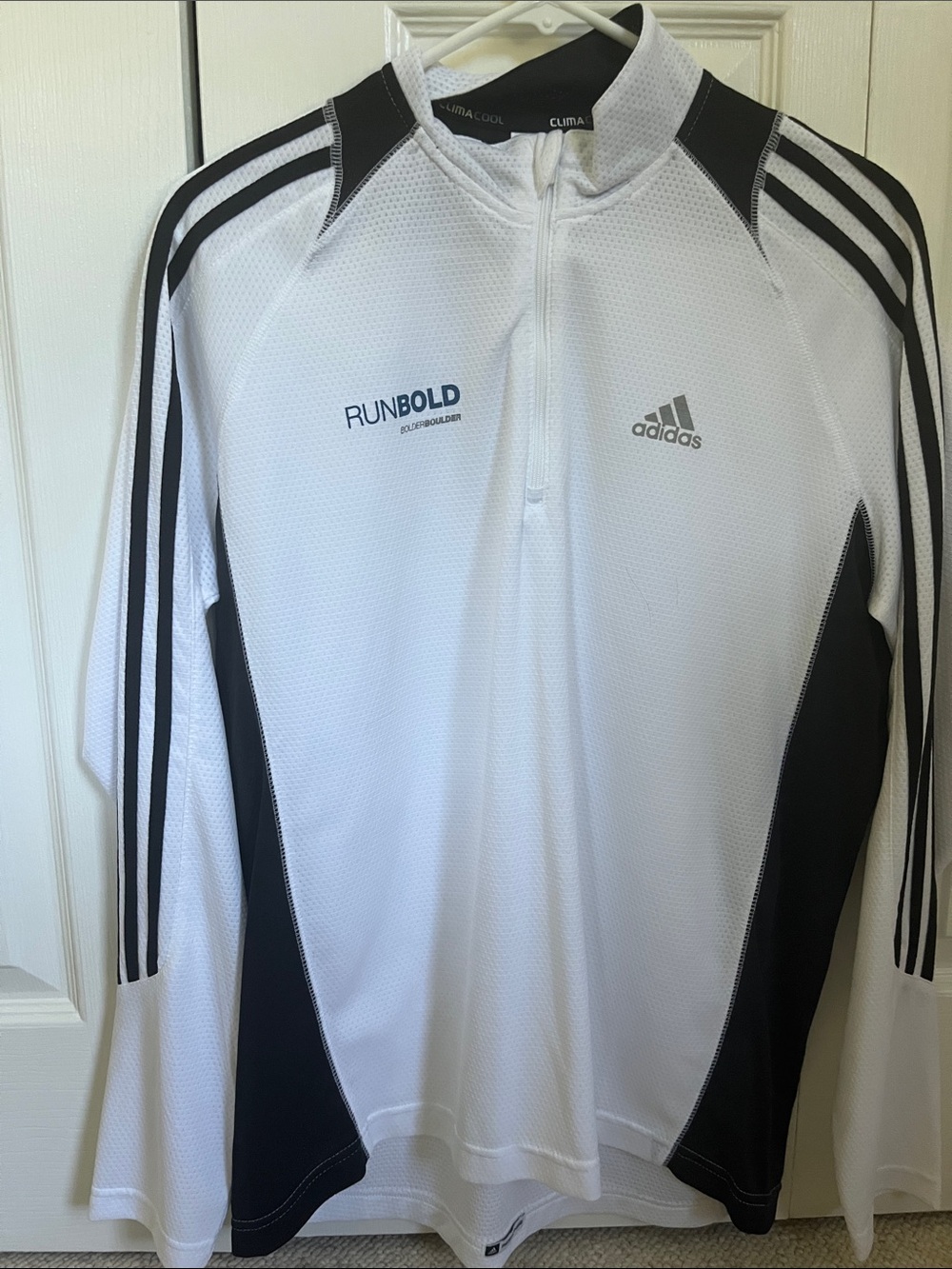 adidas White and Black RunBold Quarter-Zip Long Sleeve Top Bolder Boulder logo